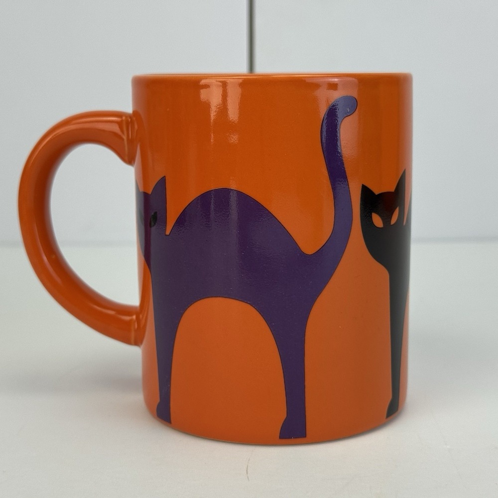 Crate and Barrel Coffee Halloween Cats Mug Cup Bright Orange Black Purple‎